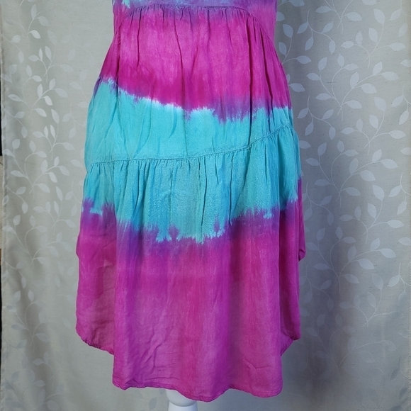 Blu Moon Revolve Tie Dye Mini Dress XS Teal Magenta Rayon Boho Festival - Picture 12 of 14
